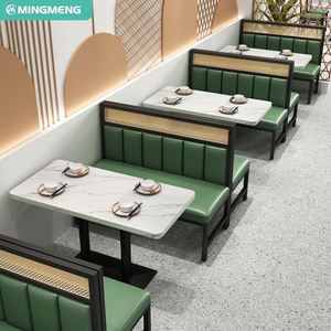 Juego de mesa y silla de restaurante moderno, tablero de cuero ignífugo, mesa de superficie con respaldo de ratán tejido para café, Material de madera - Product Image 2