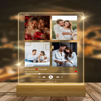 Plaque musicale en acrylique personnalisée avec photo carrée, lumière LED nocturne avec base en bois, lampe personnalisée, cadeau pour la maison, pour couple, famille