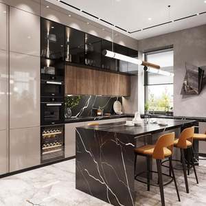 Gabinetes de Cocina Inteligentes de Lujo, Estructura de Madera Maciza con Acabado Lacado, Isla Curva con Iluminación, Gabinete Abierto, Encimera de Cuarzo - Product Image 6