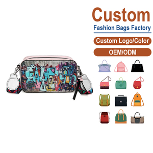 Graffiti Print Leather <b>Camera</b> Crossbody Bag, Wide Strap, OEM/ODM Custom Factory, Trendy Mini Square Bag - Product Image 1