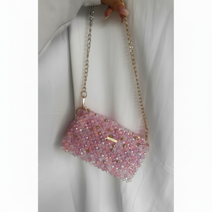 Charming iridescent pink beaded <b>small</b> rectangular shoulder <b>bag</b> with dainty gold hardware and delicate chain, at wholesale prices - Product Image 1