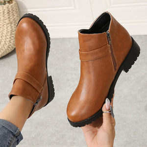 Comfortable Women's Ankle Boots <b>Round</b> <b>Toe</b> Side Zipper Design Chunky Low <b>Heel</b> For Daily Office Wear - Product Image 3