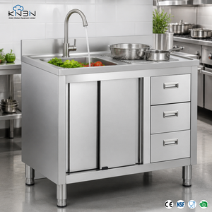 Évier de cuisine professionnel robuste à cuve unique en acier inoxydable avec armoire, tiroirs et égouttoir pour hôtel - Product Image 2