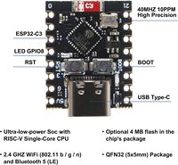 Placa de Desarrollo Supermini ESP32-C3 Tipo-C, WiFi de 2.4GHz, Bluetooth, Frecuencia de Funcionamiento de 160MHz, Compatible con Arduino (ESP32-C3)