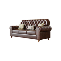 Canapé Chesterfield en cuir véritable de style moderne du milieu du siècle, villa, trois places, à tirette, rangée droite, cuir de vachette de première qualité ciré à l'huile