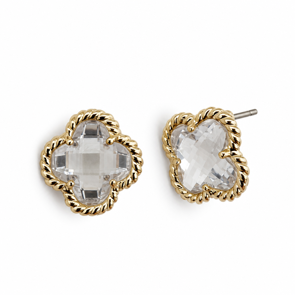 Trendy Four-Leaf Clover Stud Earrings Clear Cubic Zirconia Rope-Twist ...
