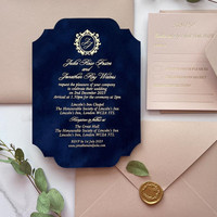 Suite d'invitations de mariage de luxe découpées sur mesure avec monogramme doré, carte RSVP, enveloppe et sceau de cire pour événements de mariage