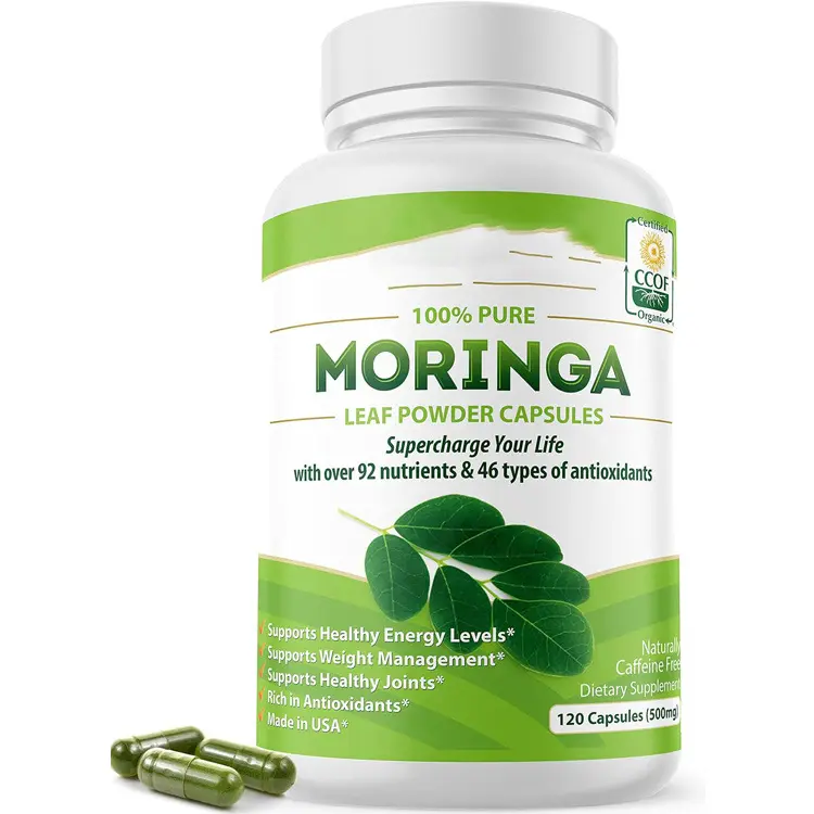 Cápsula de Moringa natural de etiqueta privada de suministro 500mg Cápsula de hoja de Moringa vegana