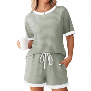 European American Women Ribbed Knit Color Block <b>Pjs</b> Solid Short Sleeve Sleepwear <b>Summer</b> - Product Image 6
