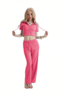 Tc391 1 Set da Notte Rosa in Maglia per Donna, Manica Corta con Zip Frontale, Abbigliamento Casual per Dormire, Lunghezza Intera, Tinta Unita, per l'Estate - Product Image 1