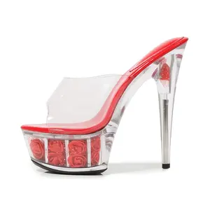 Alibaba Sexy Mädchen Slipper Crystal Sandals Damen Tanz Pole Stripper 15 cm High Heel 5 cm Plattform große Damenschuhe