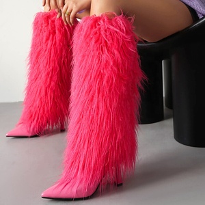 Large Size 46 Women <b>High</b> Heels Plush Fur Long Booties on Fluffy <b>Knee</b> <b>High</b> Boots Winter Furry Snow Shoes - Product Image 2