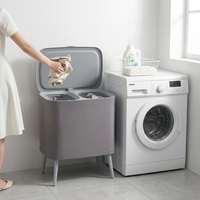 Cesto de Roupa Suja Ecológico de Grande Capacidade com Pernas de Metal, Design Dobrável, Forro Removível e Lavável e Tampa