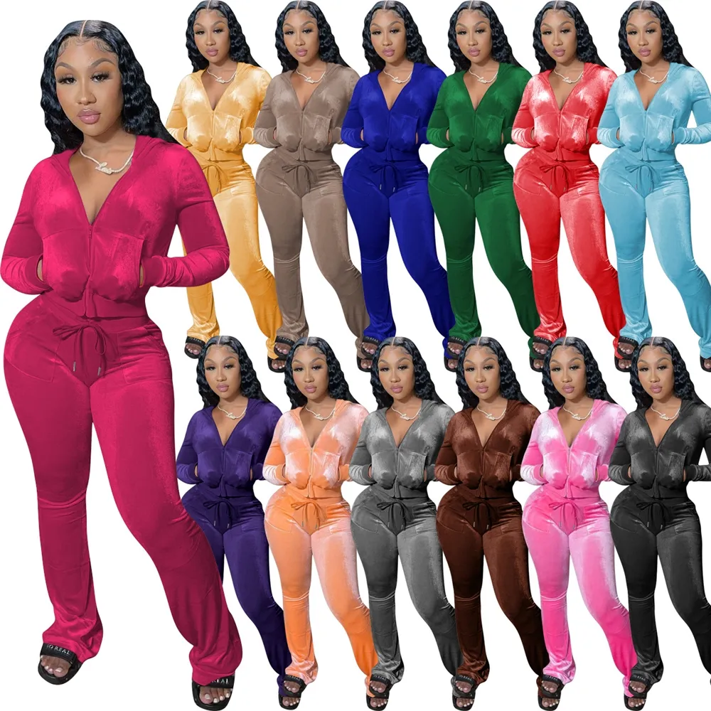 Custom Logo Fall Womens Clothing 2022 Velour Tracksuits Women's Hoodies and Straight Pants Set Two Pieces Velvet Set for Women