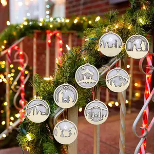 Laser 3D Cuttign Round Wooden Hanging Decoration Creative Christmas Nativity Scene Christmas Tree Pendants