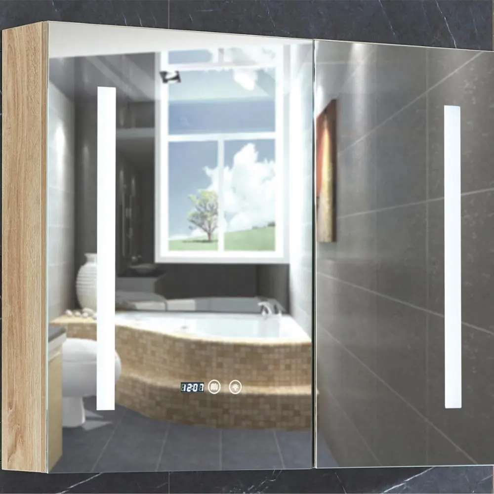 आधुनिक D80 घर डेको लकड़ी दराज एलईडी ब्लूटूथ संगीत बाथरूम फर्नीचर नजर आता है के साथ दर्पण कैबिनेट डिजाइन
