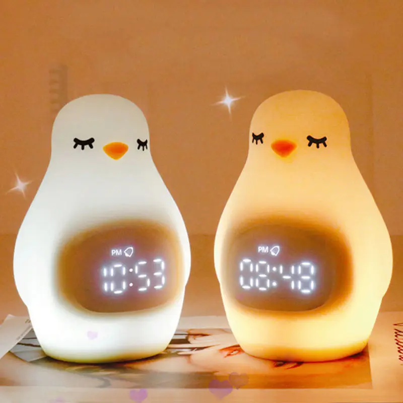 도매 LED 어린이 수면 트레이너 라이트 기상 시계 부드러운 실리콘 아기 펭귄 알람 시계 어린이 방을위한 야간 조명