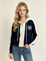 Cardigan à capuche zippé en maille colorblock pour femme, manches longues, style décontracté streetwear, automne-hiver, vente en gros, OEM personnalisé