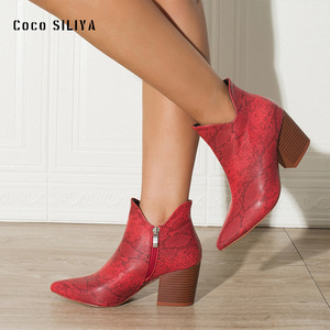 Botines Coco Siliya para mujer, punta puntiaguda, tacón grueso de 5-8cm, cremallera lateral, estampado animal, moda de otoño e invierno - Product Image 1