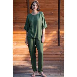 Ensemble pantalon et haut pour femme en viscose XXL, col bateau, épaules tombantes, manches 3/4 avec poche, pour vêtements de nuit - Product Image 3