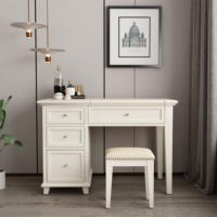 Table de maquillage minimaliste moderne avec miroir rabattable, en bois massif gris, avec poignées dorées pour la chambre à coucher