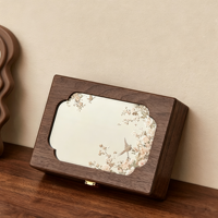 Boîte de rangement rectangulaire haut de gamme en bois massif avec couvercle miroir motif floral et oiseaux, idéale pour bijoux, cadeaux et décoration de bureau à domicile