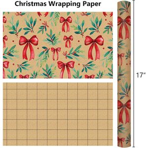 MAYPLUSS Christmas Wrapping Paper 17in X 33ft Kraft Bow Holly Pattern Single Side Reversible Gift <b>Wrap</b> - Product Image 4