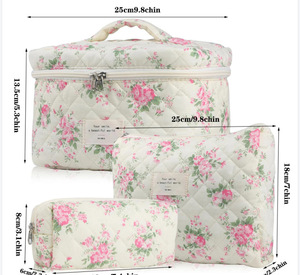 High Quality 3 Pieces Set Quilted Makeup Organizer Bag Floral Cosmetic Storage Bag for Women - Product Image 6
