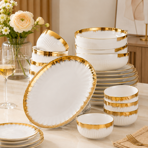 Elegant 14 Piece New <b>Bone</b> <b>China</b> <b>Dinner</b> <b>Set</b> Gold Rim Porcelain Dinnerware <b>set</b> with Color Gift Box for Wedding Bridal Gift Home - Product Image 4