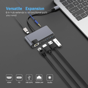 Loại C Để USB3.0 * 2 + HDMI + RJ 45 + Âm Thanh + USB-C Chuyển Đổi PD 6 Cổng Adapter 6-Trong-1 USB 3.0 C Hub Docking Station - Product Image 3