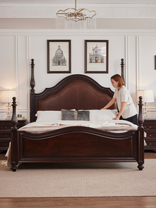 Lit en bois massif rétro classique américain 1,8 m (Queen/Double) 1,5 m, lit de mariage à colonnes romaines, pour chambre à coucher - Product Image 3