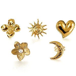 Anneaux ouverts ajustables en acier inoxydable plaqué or 18 carats, certifiés anti-ternissement, tendance, avec motif de cœur, de fleur, de soleil et de lune, pour les fêtes - Product Image 5