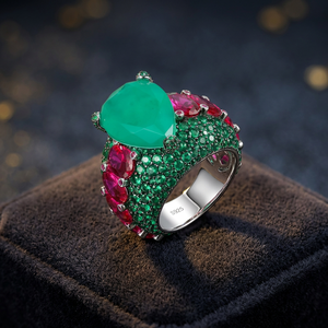 Sliver Full Pave Rose <b>Gold</b> Plated Statement <b>Cocktail</b> Luxury Unisex <b>Ring</b> Synthetic Emerald Ruby CZ Trendy Geometric Cluster <b>Rings</b> - Product Image 2