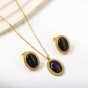 Conjunto de pendientes y collar de piedra ojo de gato ovalada, joyería fina para mujer, engaste de bisel de acero inoxidable, uso diario - Product Image 2