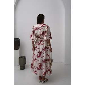 Vestido Rojo Floral con Cinturón y Cuello Peter Pan, Estilo Línea A, Tejido, Informal, Transpirable, para Uso Diario, Venta al Por Mayor - Product Image 1