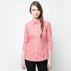 Plaid formal shirts for women black red small check custom sleeve uniform shirts