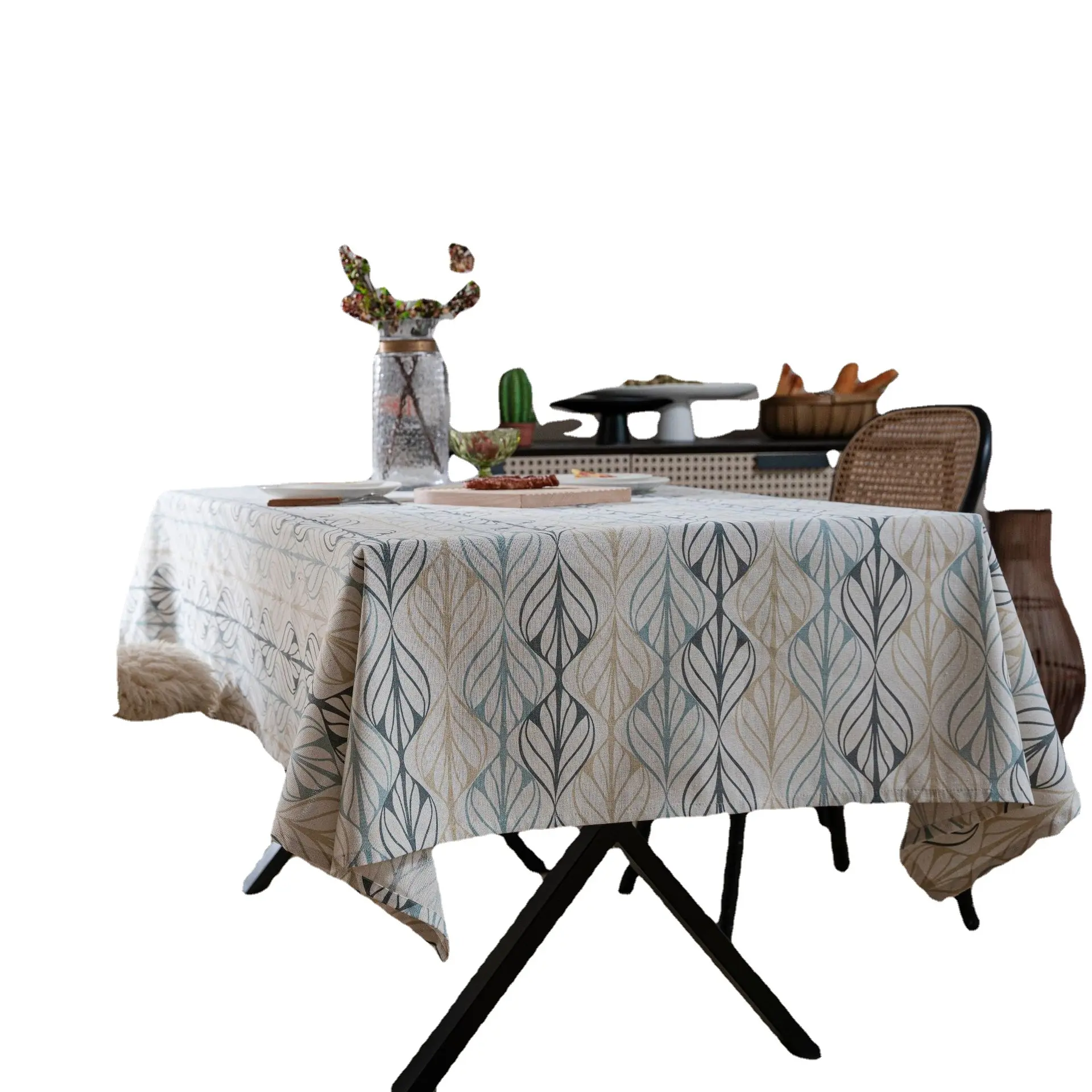 مفرش طاولة من القطن والكتان بتصميم مستطيل كلاسيكي غطاء طاولة مناسب للخارج والداخل مناسب للنزهات والطعام