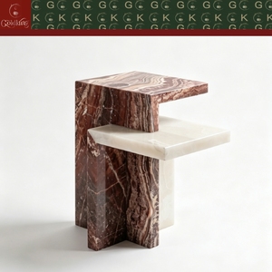 Mesa Auxiliar de Dos Niveles Asimétrica de Piedra Sólida para Sala de Estar de Lujo GOLDKING, Mármol Blanco Marrón Rojizo, Tallado Geométrico, OEM Personalizado - Product Image 2