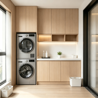 Meuble de buanderie moderne en MDF sur mesure, colonne lave-linge/sèche-linge, dissimule les appareils, sans poignées, évier, comptoir, étagère ouverte, pour appartement et hôtel