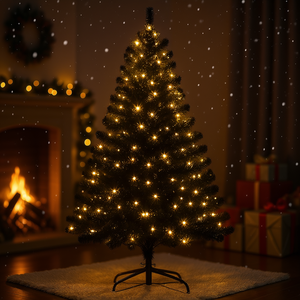 Árbol de Navidad Artificial de 6 Pies Preiluminado con 1000 Luces LED, Pino Nevado para Interiores, Decoración Navideña Negra con Base, Luz Cálida - Product Image 2
