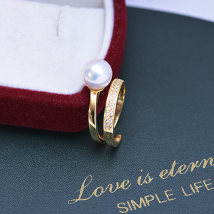9-10mm Round Strong Light White Freshwater Pearl <b>Ring</b> for Women S925 Gold Double Loop <b>Ring</b> with <b>Opening</b> - Product Image 4