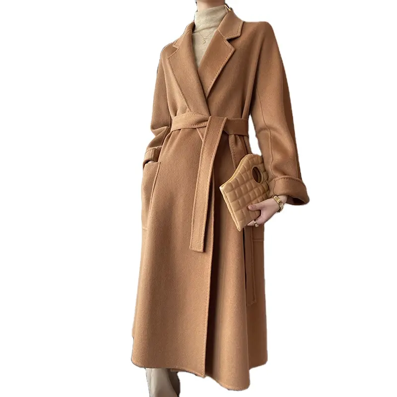 Alta calidad moda clásica Casual largo suave 100% Cachemira suelta cosida a mano con cinturón recortado cuello alto abrigo