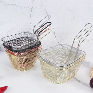 Artículos de cocina de acero inoxidable para aperitivos, cesta para servir patatas fritas, colador, minicesta cuadrada para freír