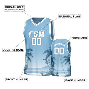 Gilet de basketball respirant 100 % polyester bleu, transfert thermique, style drapeau national personnalisé, grande taille, antibactérien, séchage rapide - Product Image 3