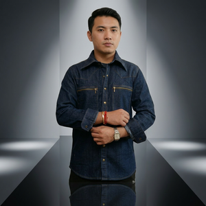 Men's Premium Dark Blue Denim Shirt With Dual Zip Pocket Full Sleeve Casual and Semi-Formal Wear Stylish Regular Fit Men'swear - Product Image 1