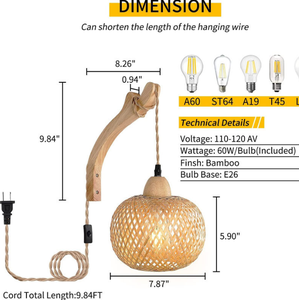 Lampe en bambou JACKSUN avec cordon enfichable en <span class=keywords><strong>rotin</strong></span> tissé à la main suspension ferme rustique plusieurs modèles lampe en <span class=keywords><strong>rotin</strong></span> salon - Product Image 6