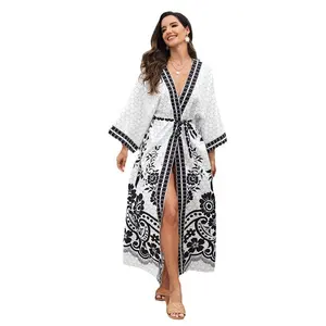 2024 Wholesale Best Seller Ladies Beach Vacation Cardigan Beach Cover Up Dress Long Robe Kimono Bikini Pareo Sarong