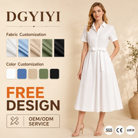Robe midi en rayonne popeline à col chemise, manches courtes, boutonnée sur le devant, avec ceinture à nouer, pour femme, personnalisable avec logo OEM