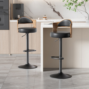 Modern <b>Bar</b> <b>Stool</b> With Backrest Height Adjustable Swivel Wooden Frame Black <b>Leather</b> Seat For Home Kitchen Counter Use - Product Image 1