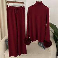 2025 hiver tricot ensemble doux chaud détachable vraie fourrure de renard tricot pull longue droite large jambe pantalon femmes tricoté tenue ensemble